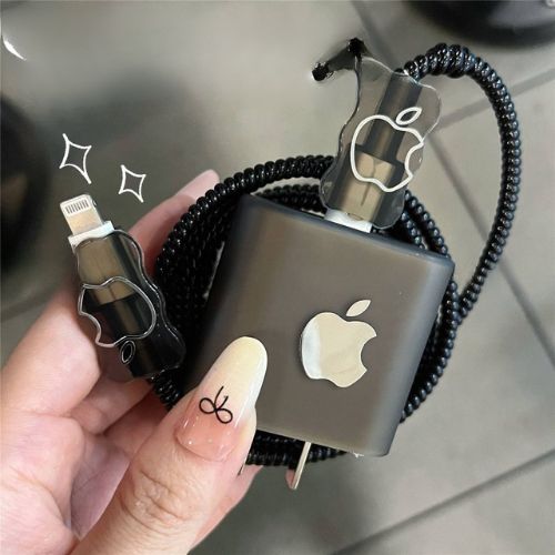 Black Apple shape Cute Data Cable Protection Cover for iPhone Adapter