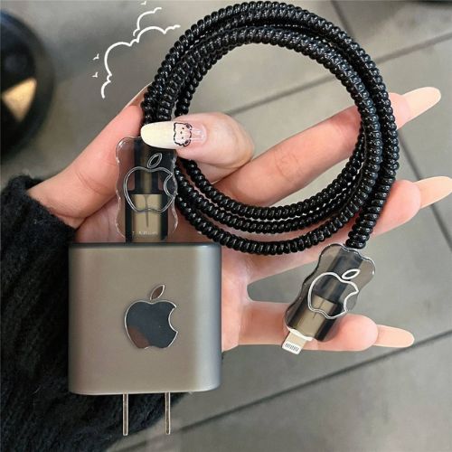 Black Apple shape Cute Data Cable Protection Cover for iPhone Adapter