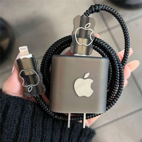 Black Apple shape Cute Data Cable Protection Cover for iPhone Adapter